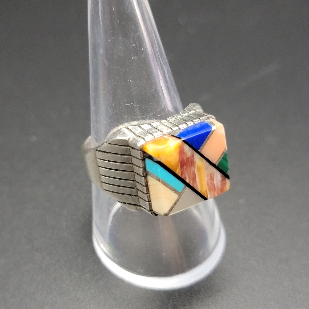 VTG Navajo Signed R. Jack Inlay Sterling Silver Lapis Turquoise MOP Coral Tribal